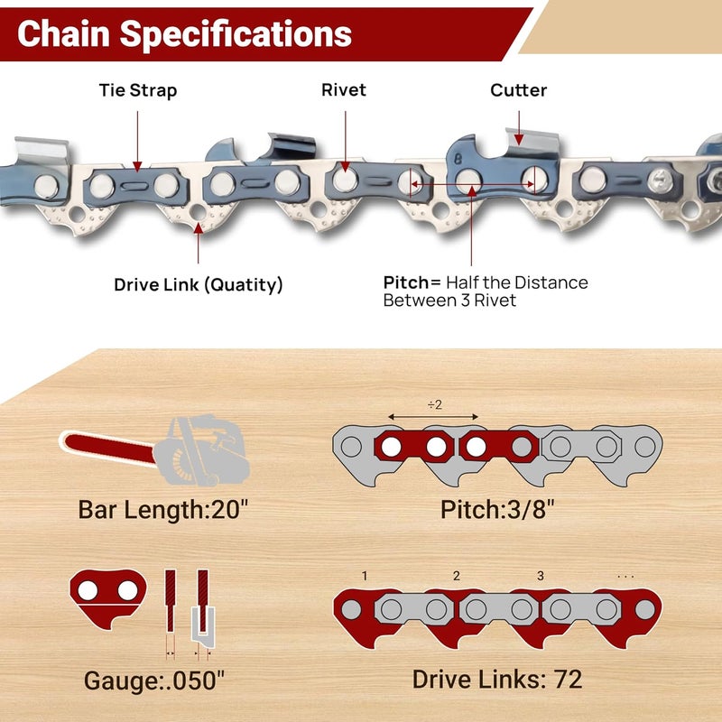 PETOX 20 Inch Chainsaw Chain 3-Pack 72 Drive Links, 3/8" Pitch, 0.050" Gauge, Fit for Husqvarna, Stihl, Craftsman, Dolmar, Earthwise Chainsaws and More-E72 - Image 3